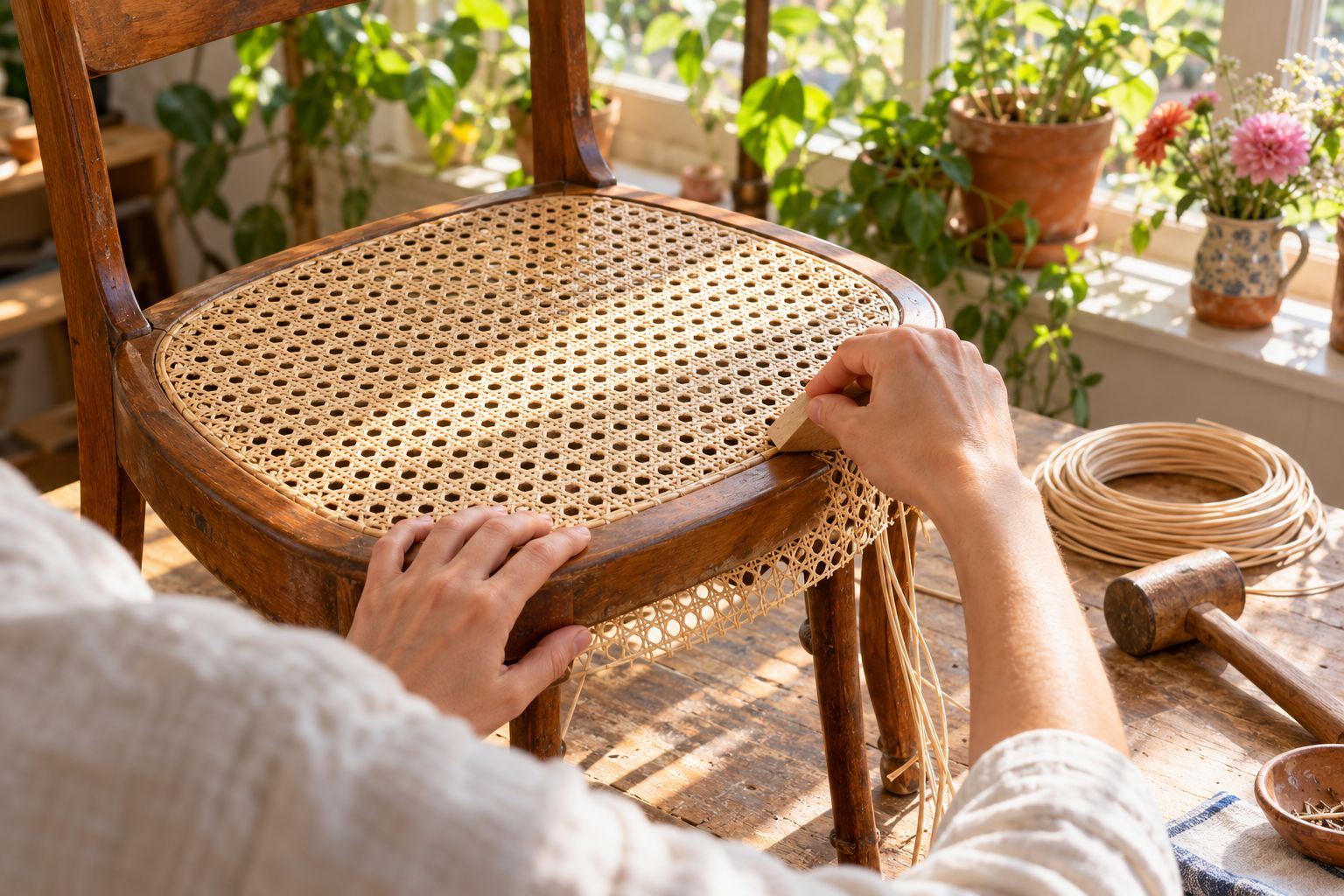 Hands pressing cane webbing into a chair seat groove