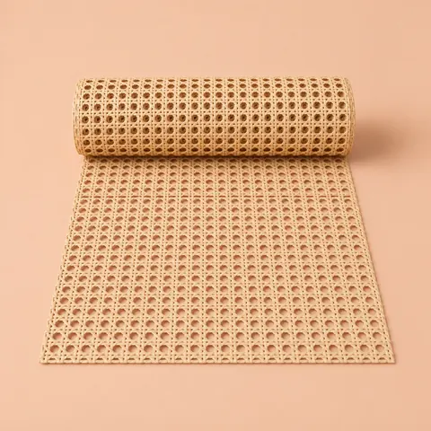 Roll of tan plastic PE cane webbing in open weave with octagonal holes, partly unrolled