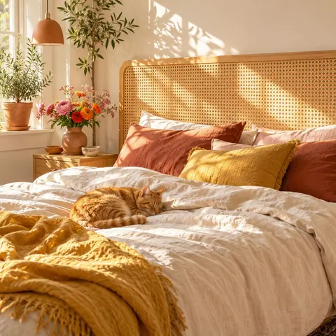 Sunny bedroom with a wide oak-framed open weave cane headboard behind a bed with rust and mustard pillows