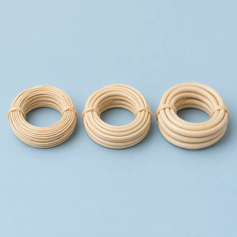 Three small coils of natural reed spline side by side in three thicknesses on a dusty blue backdrop