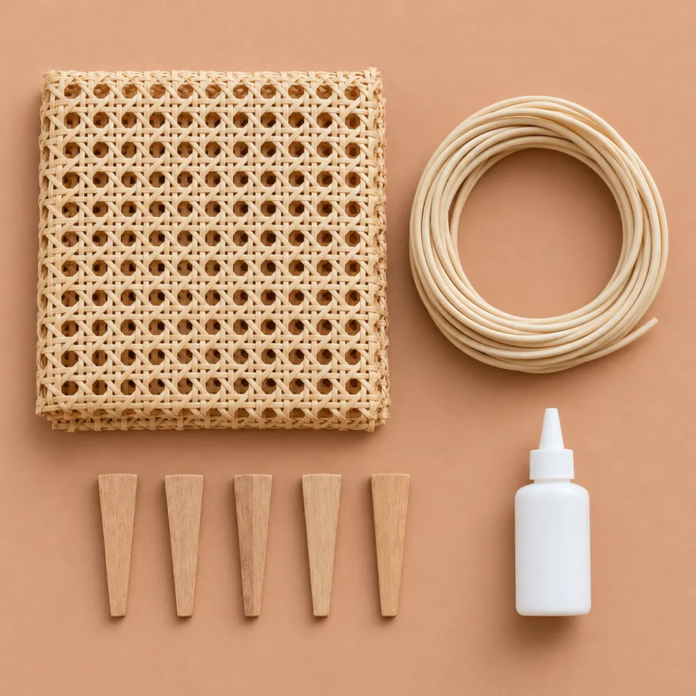 Flat lay of a chair seat caning kit with a sheet of open weave cane webbing and seat caning supplies