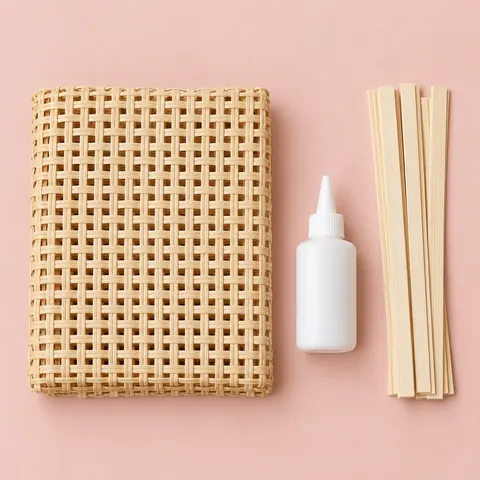Flat lay of a folded square weave cane sheet, a plain glue bottle and thin pine trim strips on blush pink paper