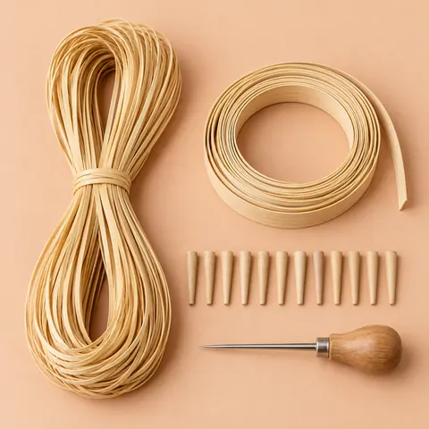 Flat lay of a looped hank of strand cane, a coil of binder cane, twelve wooden pegs and an awl on peach paper