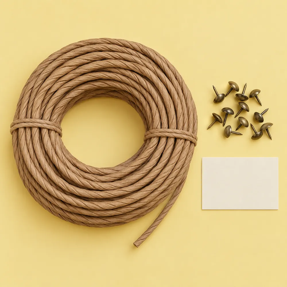 Flat lay of a coil of kraft brown fiber rush cord, a few upholstery tacks and a plain card on butter yellow paper