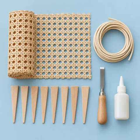 Flat lay of rolled open weave cane, a coil of reed spline, eight wooden wedges, a chisel and glue on dusty blue paper