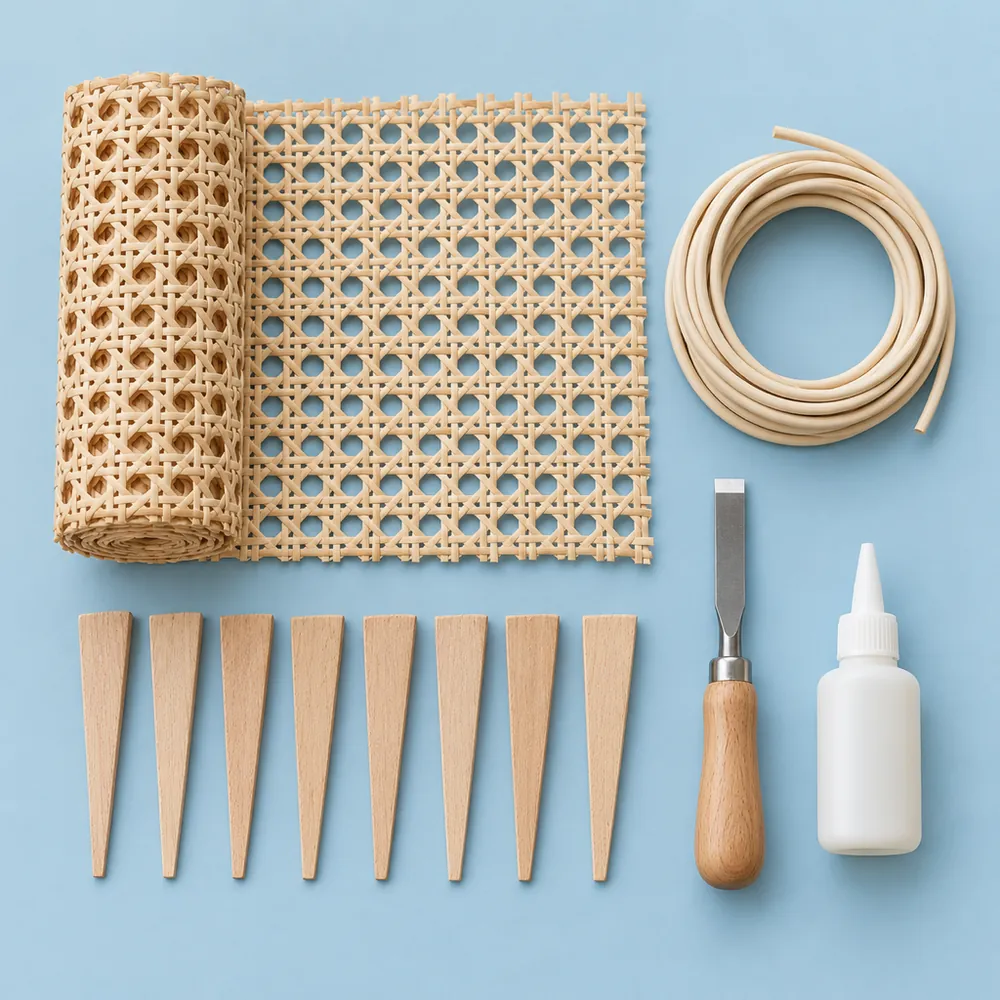 Flat lay of rolled open weave cane, a coil of reed spline, eight wooden wedges, a chisel and glue on dusty blue paper