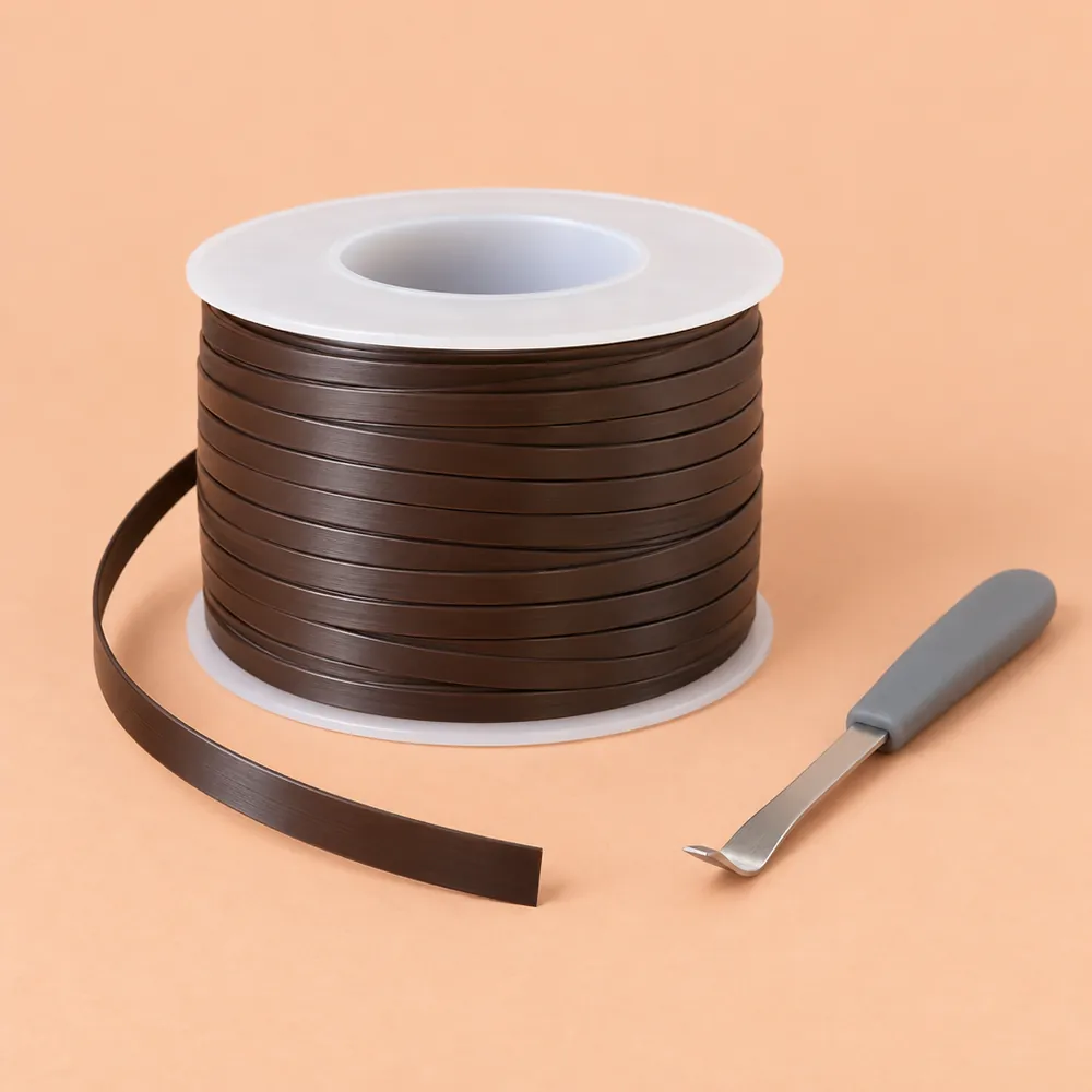 Reel of dark brown flat PE wicker strip with a loose end and a stainless steel prying tool on warm peach paper