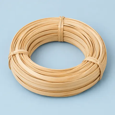 Neat coil of wide, flat, glossy honey-blond binder cane, tied, on a dusty blue paper backdrop