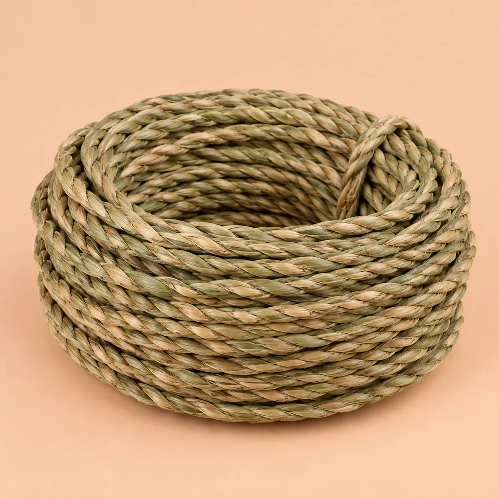 Neat coil of twisted natural seagrass cord in green-to-wheat tones on a warm peach backdrop