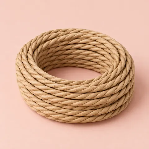 Neat coil of light tan laced Danish cord, three paper plies twisted into a round cord, on a soft pink backdrop