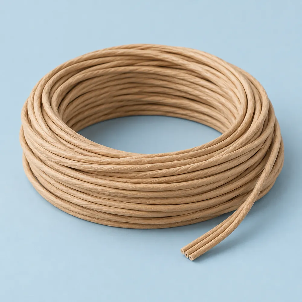 Coil of natural unlaced Danish cord, three light tan paper plies lying side by side, on a dusty blue backdrop