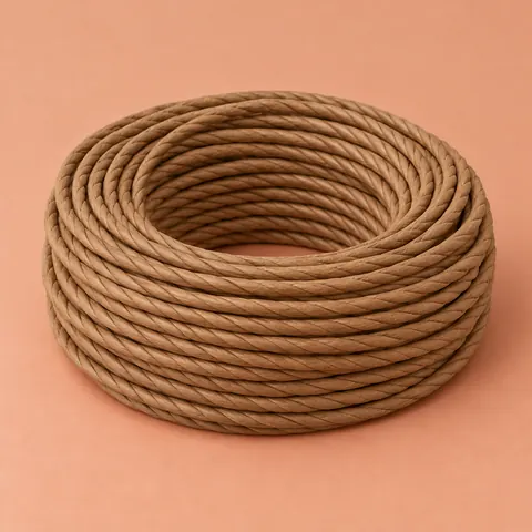 Neat coil of kraft brown fiber rush, tightly twisted paper cord, on a soft terracotta backdrop