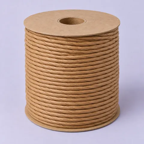 Large spool wound full with kraft brown twisted fiber rush, standing upright on a pale lavender backdrop