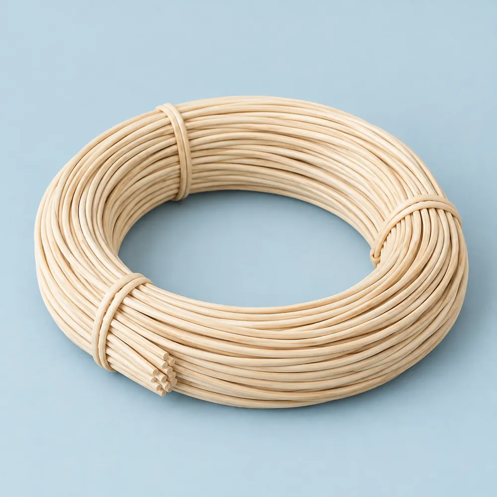 Coil of smooth, matte, pale cream round reed for basket weaving, tied, on a dusty blue backdrop