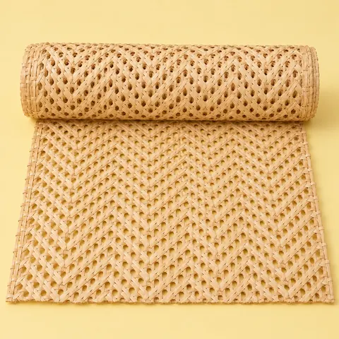 Roll of diamond (V) weave cane webbing partly unrolled on a butter yellow paper backdrop