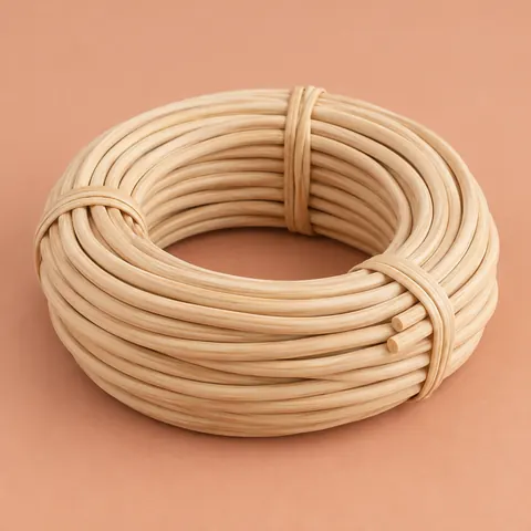 Coil of thick, smooth, matte pale cream round rattan core, tied, on a soft terracotta backdrop