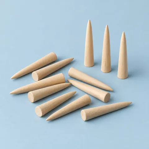 Twelve small tapered wooden caning pegs, a few standing upright, the rest lying together on a dusty blue backdrop