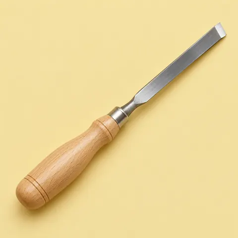 Narrow steel caning chisel with a turned light wooden handle lying diagonally on a butter yellow backdrop