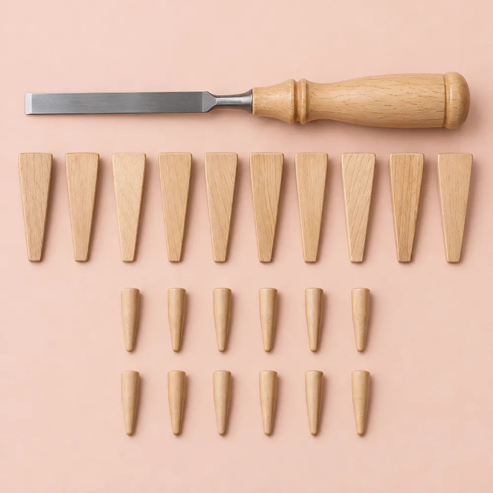 Top-down flat lay of a caning chisel, ten hardwood wedges in a row and twelve wooden pegs on a blush pink backdrop