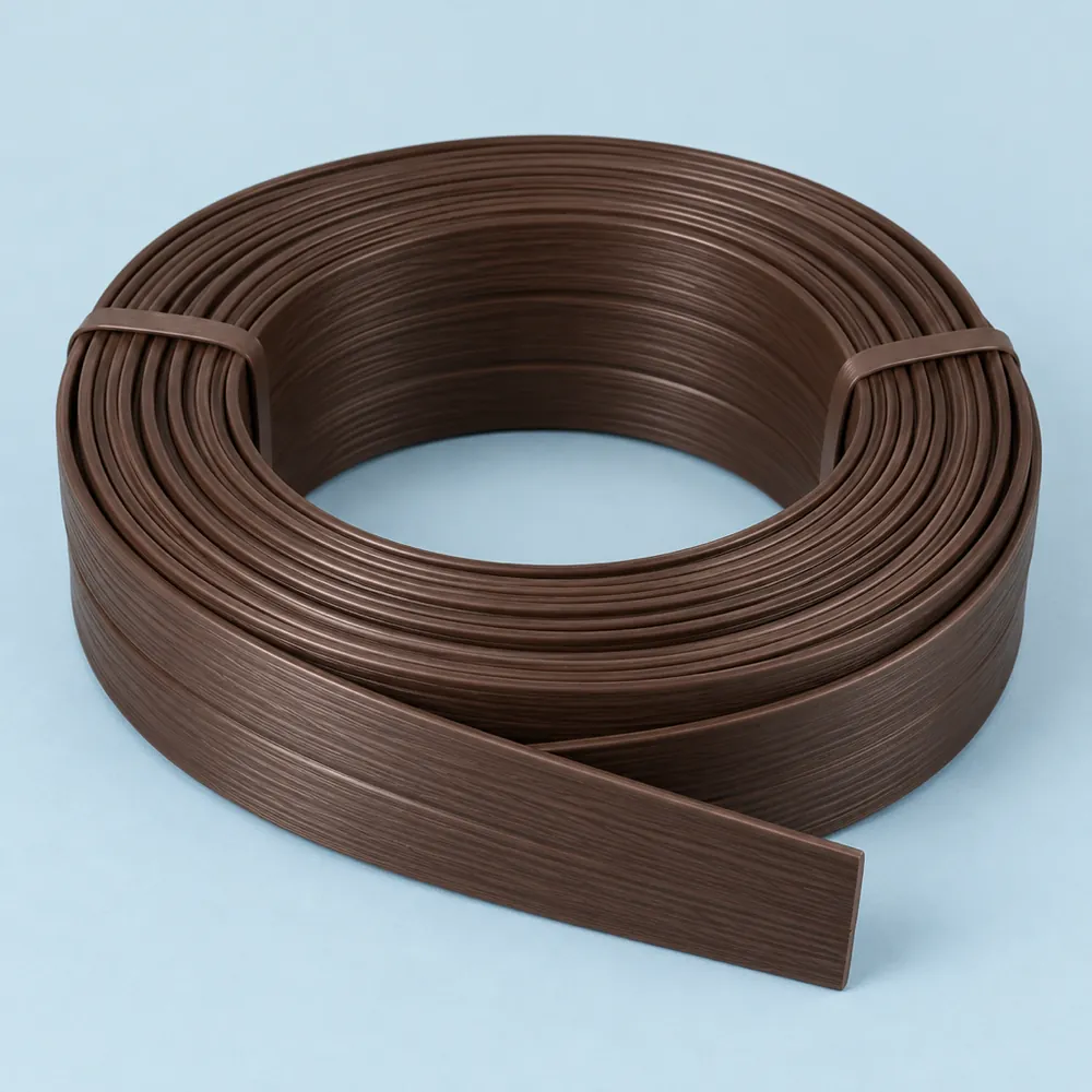 Tied coil of wide dark brown flat PE wicker strip with a faint wood grain texture on dusty blue paper
