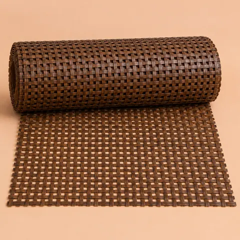 Roll of walnut-stained square weave cane webbing partly unrolled on a warm peach paper backdrop