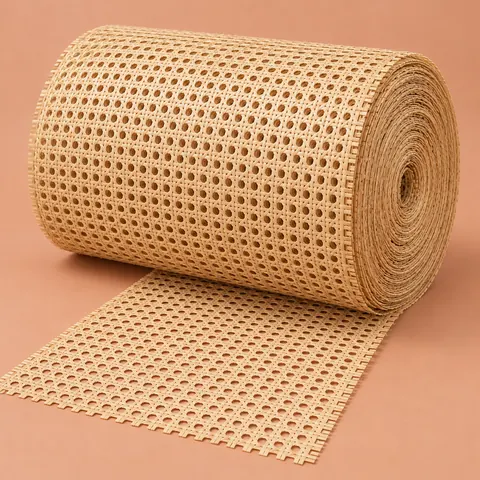 Large trade roll of open weave cane webbing lying on its side with the loose end unrolled flat