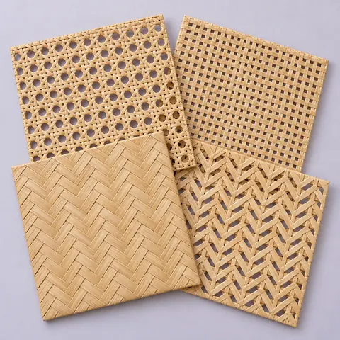 Four 12 x 12 in pieces of natural cane webbing fanned out: open, square, herringbone and diamond weave