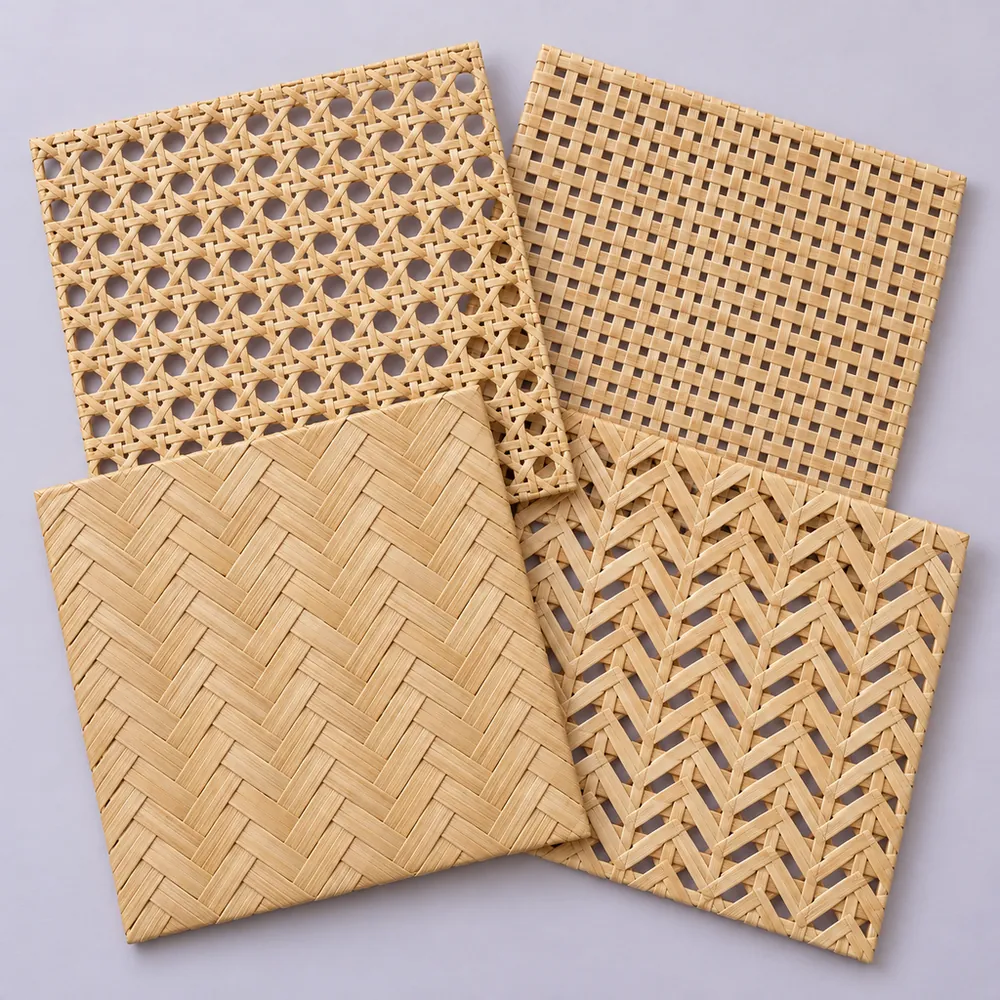 Four 12 x 12 in pieces of natural cane webbing fanned out: open, square, herringbone and diamond weave